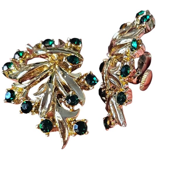 Vintage Coro Emerald Gold Tone Clipon Earrings Formal Evening Leaf MCM Mod - Picture 8 of 12